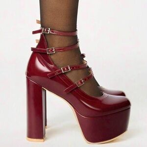 Burgundy Mary Jane Platform Chunky Heels